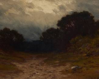1109 Raymond Dabb Yelland (1848-1900) Evening landscape Oil on paperboard Signed lower right. R.D. Yelland 7" H x 11" W Estimate: $1,000 - $1,500