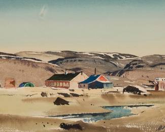 1197 Milford Zornes (1908-2008) "Danish Weather Station at Thule," 1954 Watercolor on Arches paper Signed and dated lower right: Milford Zornes / 1954; titled verso in pencil and again in ink, possibly in another hand, on the frame's backing board. 15" H x 22" W Estimate: $800 - $1,200