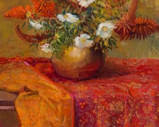 1032 Meredith Brooks Abbott (b. 1938) "Cherokee Roses and New Cloth," 2001 Oil on canvas Signed and dated lower right: M.B. Abbott 01; titled on an exhibition label affixed to the frame's verso 60" H x 36" W Estimate: $6,000 - $8,000