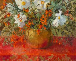 1033 Meredith Brooks Abbott (b. 1938) "Firecrackers and Poppies," 1993 Oil on canvas Signed and dated lower left: M.B. Abbott / August - 1993; titled faintly in pencil on the stretcher; titled again on a gallery label affixed to the stretcher 40" H x 30" W Estimate: $5,000 - $7,000