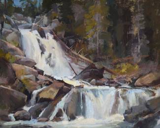 1147 Kenn Backhaus (b. 1951) "Falls Below Grass Lake" (Sierras) Oil on canvas laid to artist's panel Signed lower right: Backhaus; signed again, Kenn Backhaus P.A.P.A., titled, inscribed, and with the © symbol, all verso 14" H x 18" W Estimate: $2,000 - $3,000