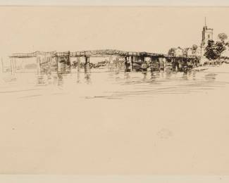 1069 James McNeill Whistler (1834-1903) "Little Putney Bridge," 1879 Etching and drypoint in brownish-black ink on off-white laid paper From the combined total edition of 56 known impressions in five states; fifth (final) state With the artist's shaded-wing butterfly signature in the plate at lower right Plate: 5.25" H x 8" W; Sheet: 7" H x 9.5" W Estimate: $600 - $800
