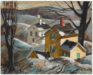 1172 Henry Gasser (1909-1981) "Country Hills" Gouache and watercolor on paperboard laid to foam board Signed lower right: H. Gasser; titled in ink, possibly in another hand, on the foam board backing; alternatively titled "Country Hills - Yellow House" in ink on the frame's verso 22" H x 27.875" W Estimate: $2,000 - $3,000