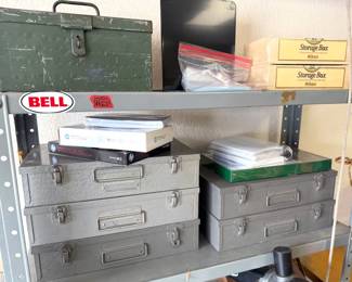 Metal shelving, metal boxes