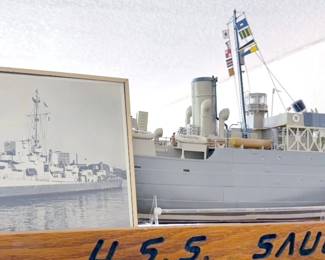 Drawing: “The Mighty Battleship Saucy” by WG Nightngale + large model ship