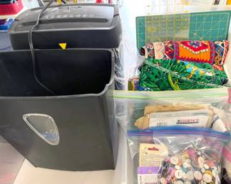 Paper shredder, sewing notions + fabric