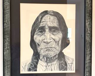 Terry Maddox pencil drawing prints of a Native American elder (1977) +  elk (1978)