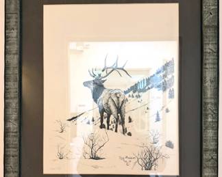Terry Maddox pencil drawing prints of a Native American elder (1977) +  elk (1978)