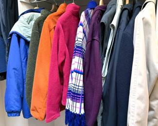 Women's clothing (M) - fleece jackets, LL Bean winter jacket + corduroy shirts, travel pants, sweaters, scarves, hats, gloves, vintage knit poncho  Men's clothing (L) -  dress shirts, sweatshirts, bike jerseys, dress pants (36x32), suit jackets, ball caps, neckties, wool Naval boxing robe, London Fog trenchcoat, vintage cashmere wool coat