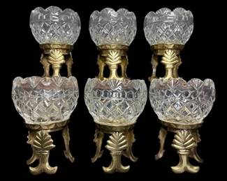 Royal Irish Crystal Bowls On Ornate Brass Pedestals