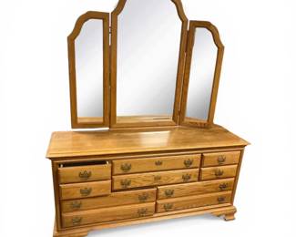 Oak Eight Drawer Oak Dresser And Mirror