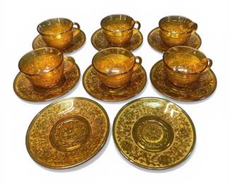 Tiara Indiana Glass Amber Sandwich Pattern Cups  Saucers