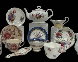 Teapot, Teacups, Porcelain Saucers,  More
