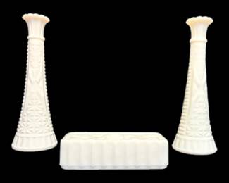 Anchor Hocking Stars  Bars Milk Glass Bud Vases  Westmoreland Butter Dish Lid