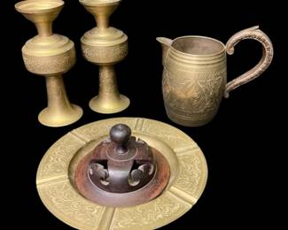 Brass Candlesticks, Pitcher  Ashtray