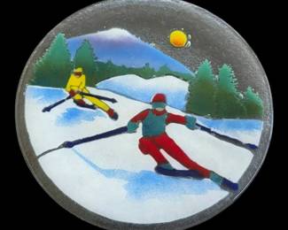 Peggy Karr 14 Fused Glass Skier Plate, Signed