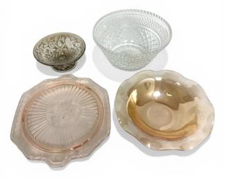 Pink Depression Glass Cake Stand, Carnival Glass Bowl,  More
