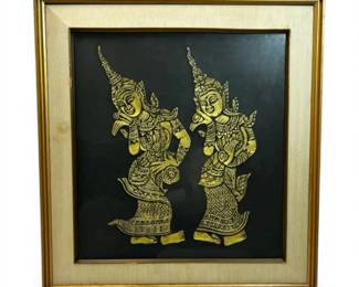 Framed Thai Temple Rubbing of Golden Dancers