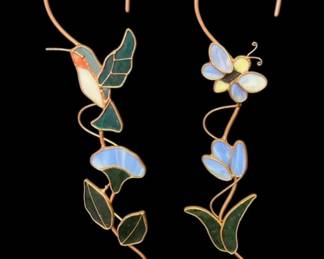Two Stained Glass And Copper Garden Hooks