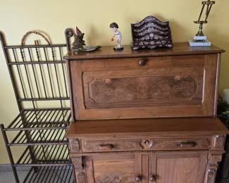 Victorian drop front desk and shelving 
