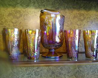 Carnival Glass Pitcher and Glasses