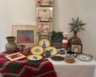 Southwestern Decor Lot with RC Gorman Prints, Pottery,  Wall Art Rug
