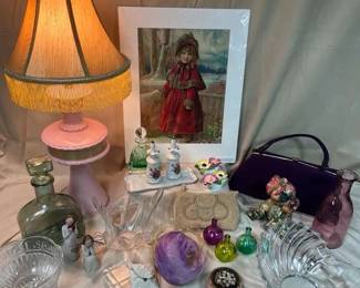 Pretty Ladies Vintage Decor Lot with Lamp, Purse,  Glass Vanity Accessories