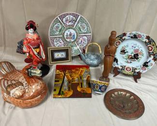 Vintage Mixed Asian Decor Lot with Figurines, Plates, Teapot,  Geisha