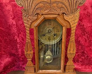 New Haven Wooden Mantle Clock That Chimes in Beautiful Carved Antique Style Case