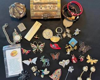 Mixed Costume Jewelry with Brooches, Trinket Boxes, Lighters  Sarah Coventry
