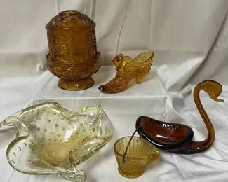 Amber Glass, Fairy Lamp, Shoe,  Swan Glass Lot