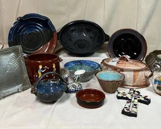 Black, Brown,  Blue Pottery Lot with Bowls, Dishes,  Rustic Farmhouse Decor