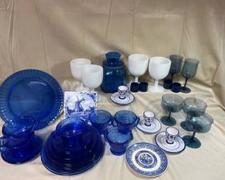 Blue White Kitchen Dining Set, Glass Plates, Cups, Bowls,  Vintage Lot