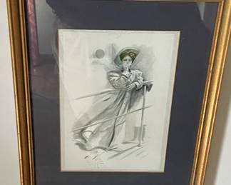 VINTAGE FRAMED PRINT  - "LADY ON A TRAIN"" - HARRISON FISHER