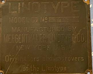 ANTIQUE BRASS LINOTYPE EQUIPMENT TAG