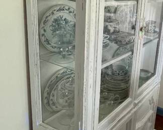 PAINTED CHINA CABINE, BLUE DANUBE DISHES, STEMWARE, MISC.