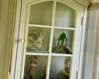 PAINTED WALL CABINET, TEAPOT CUP, FIGURINES
