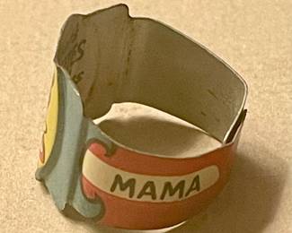 **RARE   MID-CENTURY 1949 POST'S TOASTIES CORN FLAKES TIN GUMBALL MACHINE RING - MAMA BUMSTED