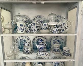 PAINTED CHINA CABINE, BLUE DANUBE DISHES, STEMWARE, MISC.