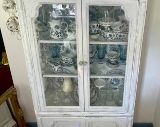 PAINTED CHINA CABINE, BLUE DANUBE DISHES, STEMWARE, MISC.