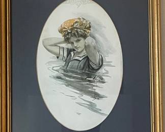 VINTAGE FRAMED PRINT  - "APHRODITE / EDWARDIAN WOMAN SWIMMING"" - HARRISON FISHER