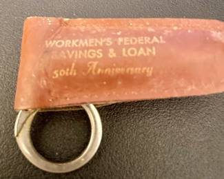 VINTAGE PROMO ITEM - "WORKMEN'S FEDERAL SAVINGS & LOAN, (Mt. AIRY, NC) NAIL CLIPPER KEYCHAIN, LEATHER SHEATH, 50th ANNIVERSARY