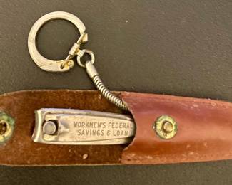 VINTAGE PROMO ITEM - "WORKMEN'S FEDERAL SAVINGS & LOAN, (Mt. AIRY, NC) NAIL CLIPPER KEYCHAIN, LEATHER SHEATH, 50th ANNIVERSARY