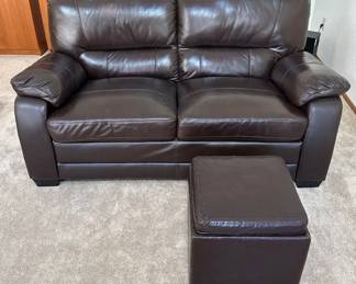 Leather Loveseat and Storage Ottoman