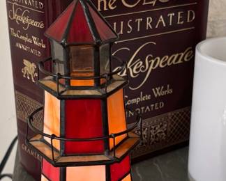 Nautical Themed Red and White Stained Glass Lighthouse Accent Lamp