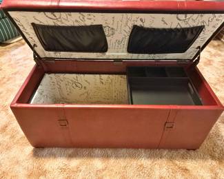 Faux Red Leather Contemporary Storage Ottoman Bench