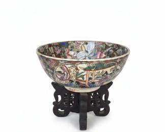 Famille Rose Medallion Porcelain Bowl with Wooden Stand
