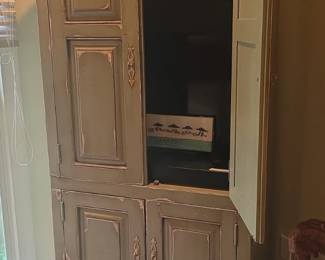 Distressed Green French Country Armoire or Entertainment Cabinet