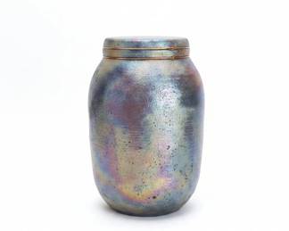 Raku Iridescent Ceramic Jar with Copper Wire Accents