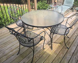 Vintage Woodard Wrought Iron Patio Dining Set with Glass Top Table